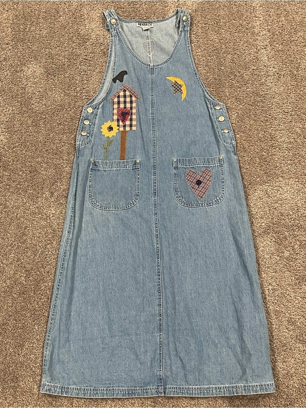 Vintage Haik’s Denim Jumper Dress Medium Birdhouse Applique Cottagecore